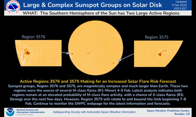 صورة للمقالة بعنوان مجموعة كبيرة من البقع الشمسية مرئية الآن، مما يشكل خطر حدوث توهجات شمسية قوية